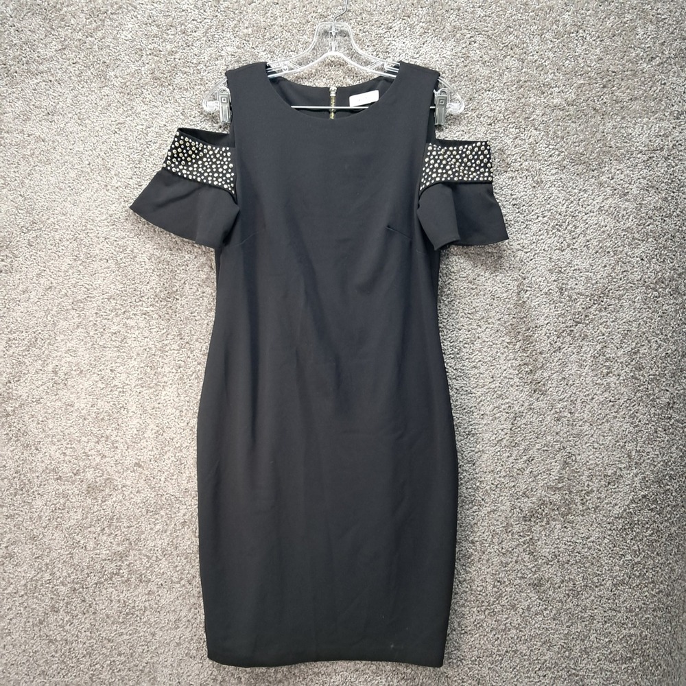 Calvin Klein Womens Black Cold Shoulder Studded Sheath Dress Ruffle Sleeve 7124